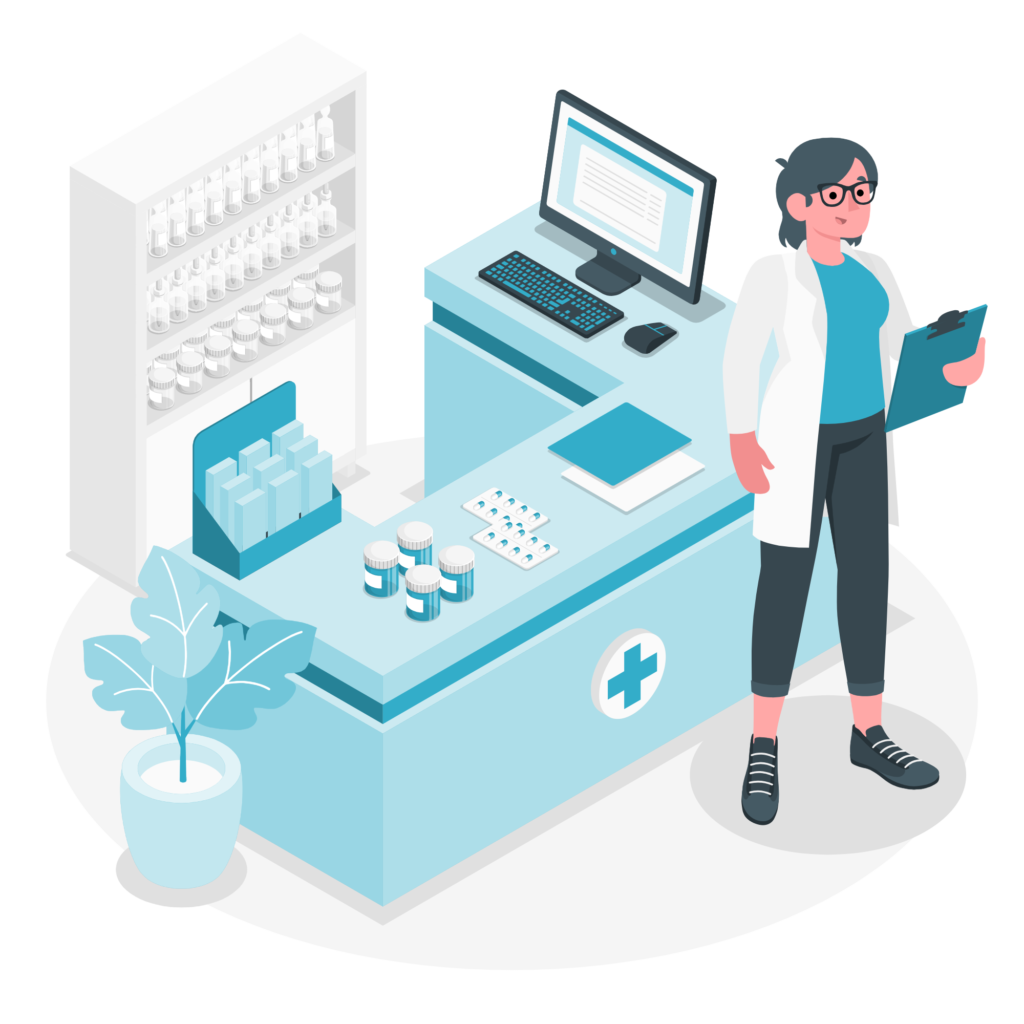 illustration of a pharmacist in front of her flat-design desk